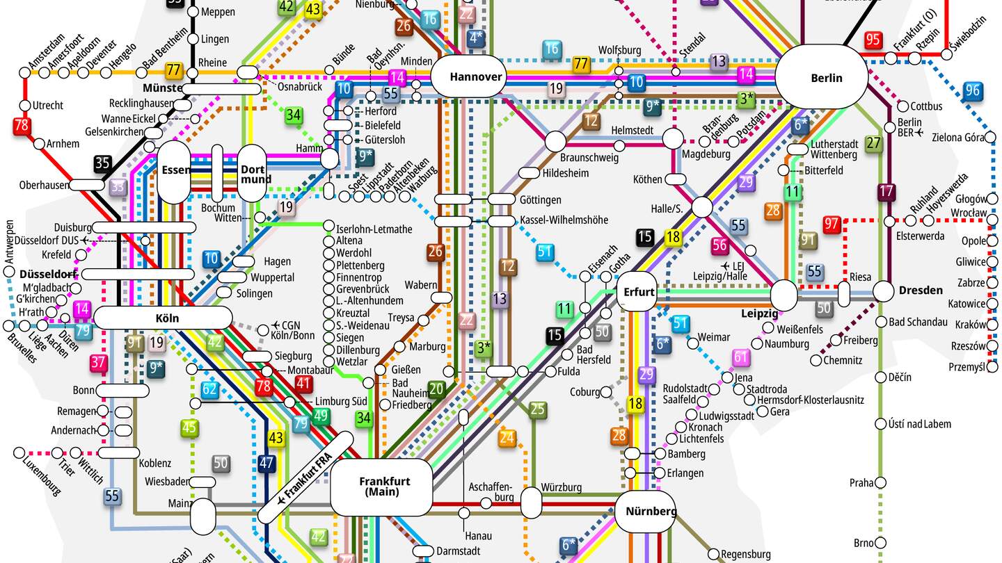 Karte der Bahn Direktverbindung von DB. Gesamtes ICE Streckennetz. | © DB/Ameropa