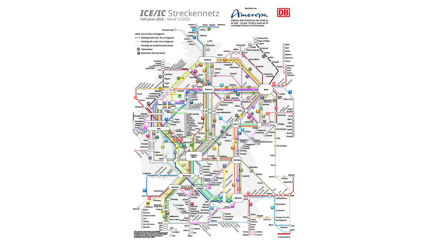 Karte der Bahn Direktverbindung von DB. Gesamtes ICE Streckennetz. | © DB/Ameropa