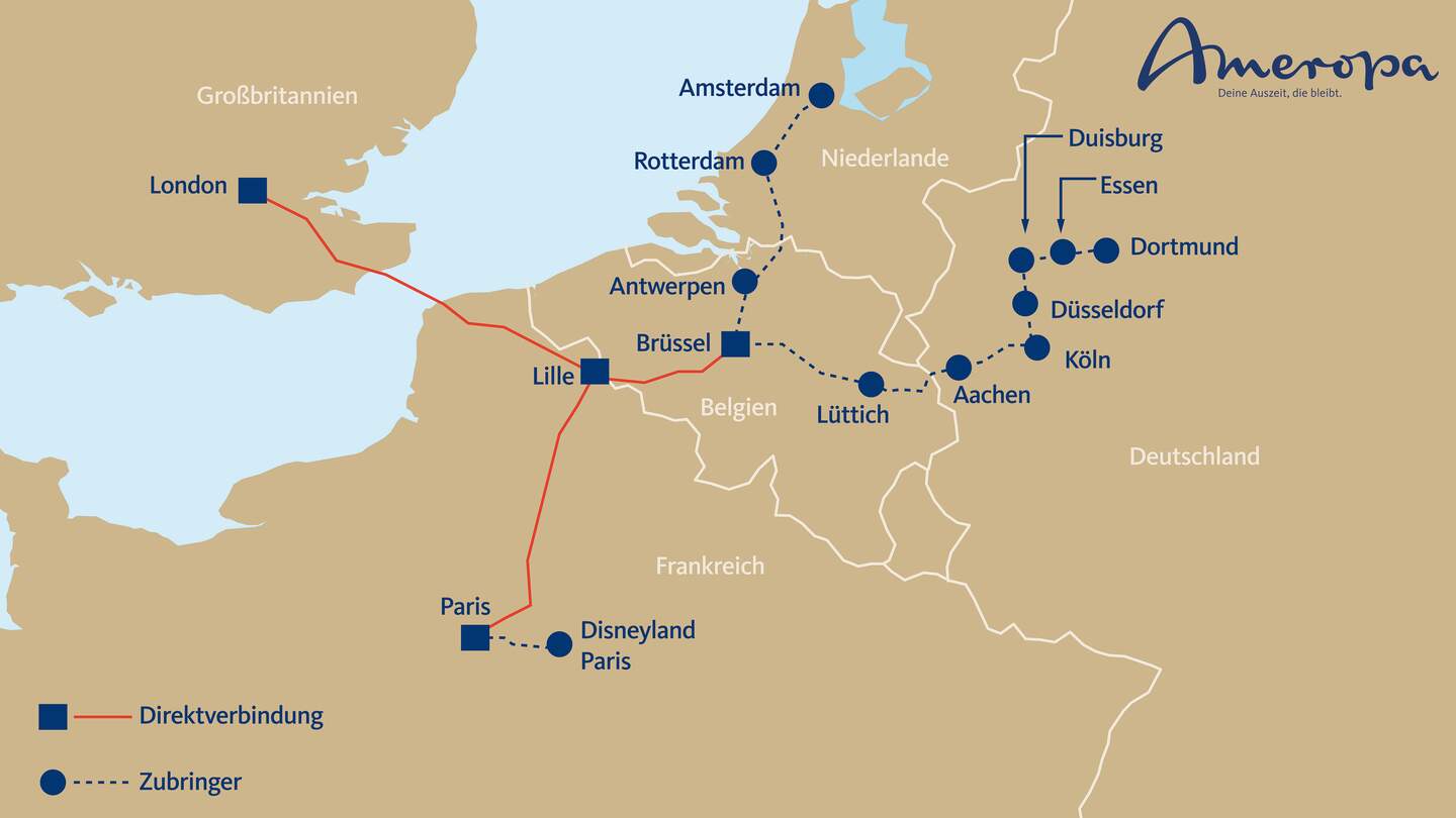 Strecken Eurostar in Deutschland, Belgien, Großbritannien und Frankreich. | © Ameropa-Reisen GmbH