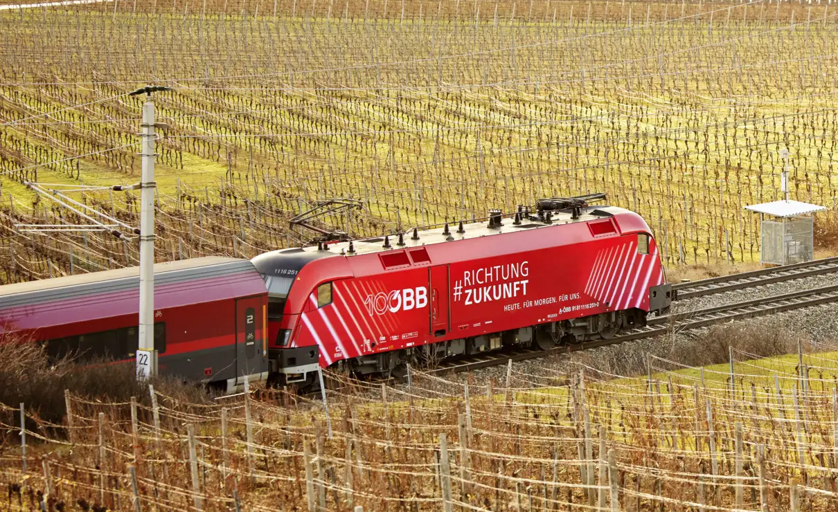 OBB Richtung Zukunft Zug faehrt vorbei an Reben | © ÖBB/Andreas Scheiblecker
