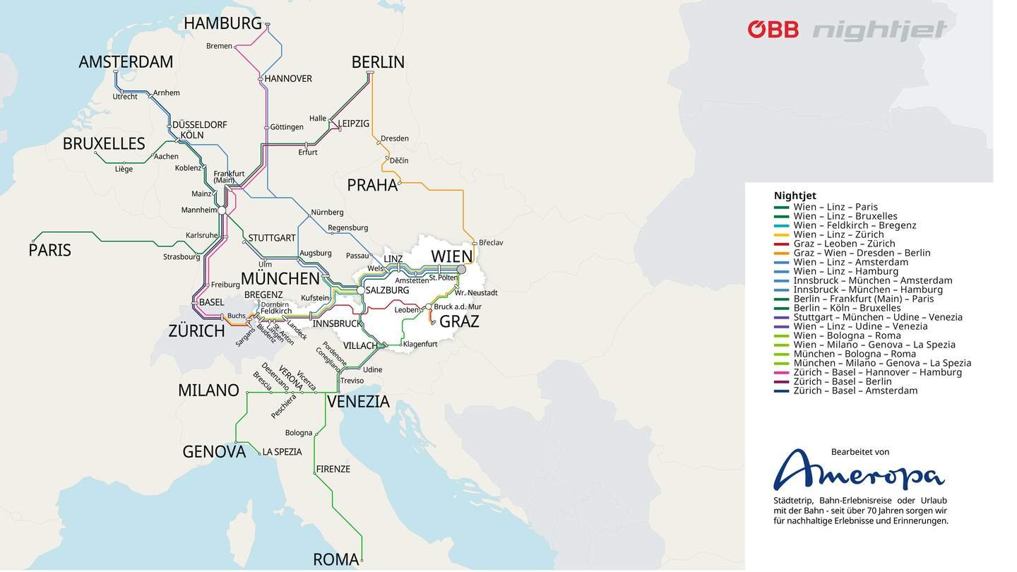Karte aller Verbindungen des Nachtzug Nightjet in Europa  | © Ameropa-Reisen GmbH