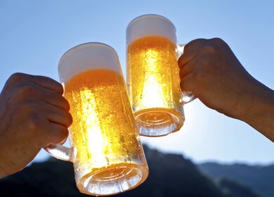 Untersicht auf zwei Hände die mit Biergläsern bei guten Wetter anstoßen | © Gettyimages.com/kazoka30