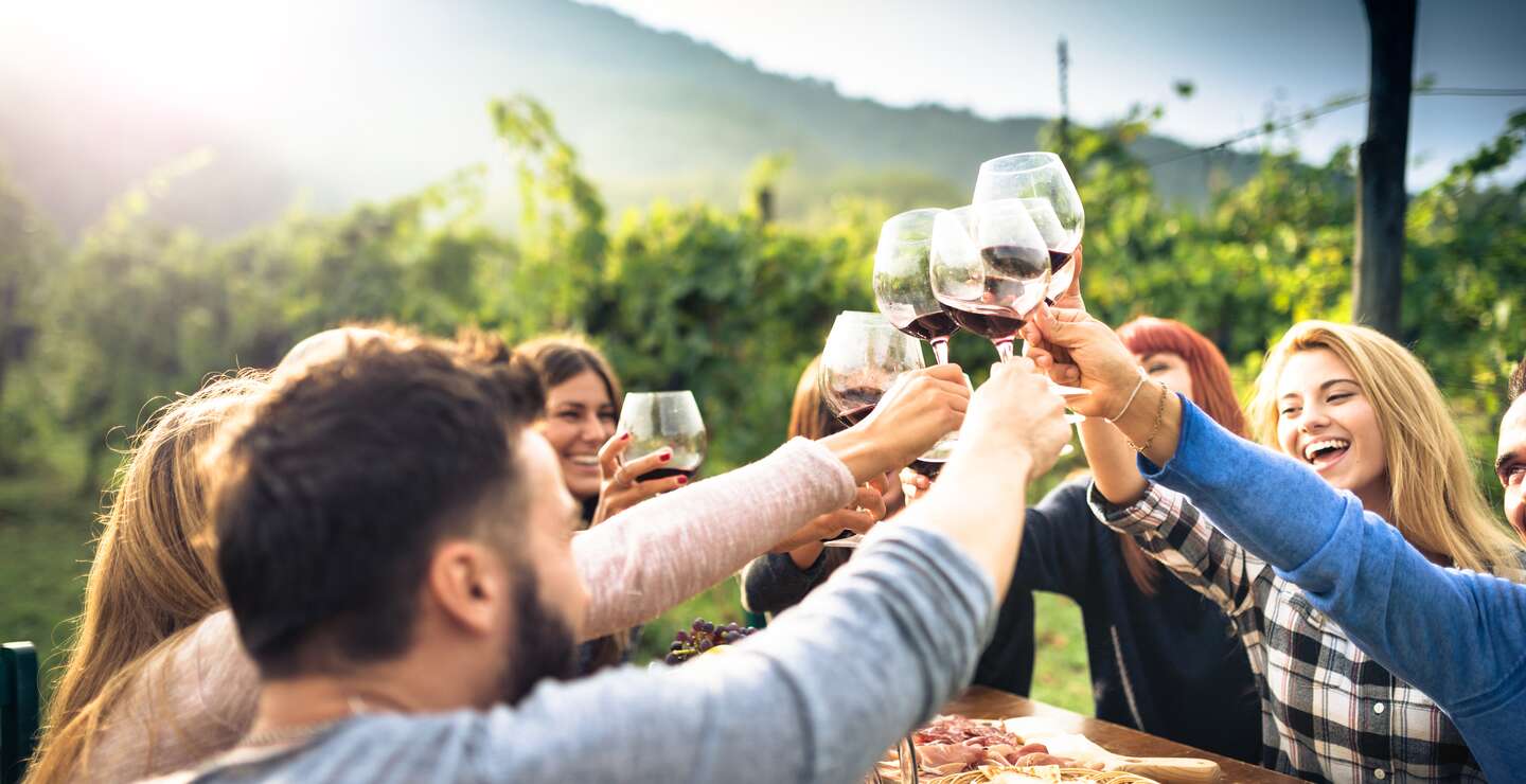 Freunde beim Rasten in den Weinbergen | ©  Gettyimage/franckreporter