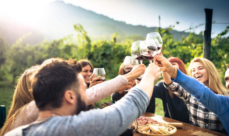 Freunde beim Rasten in den Weinbergen | ©  Gettyimage/franckreporter