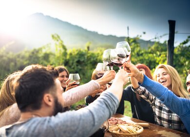 Freunde beim Rasten in den Weinbergen | ©  Gettyimage/franckreporter