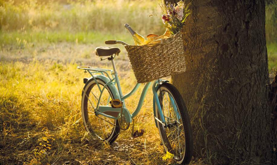 Fahrrad im Vintage-Stil mit Weidenkorb mit Weisswein, Blumen, Brot und anderen Leckereien fuer ein Picknick am spaeten Nachmittag. | © Gettyimages.com/NightAndDayImages