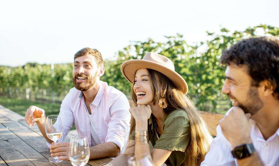 Menschen, die Wein trinken und sich miteinander unterhalten, waehrend sie an einem sonnigen Abend am Esstisch im Freien auf dem Weinberg sitzen | © Gettyimages.com/RossHelen