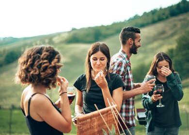 Freunde stoßen beim Picknick an  | © Gettyimages.com/franckreporter