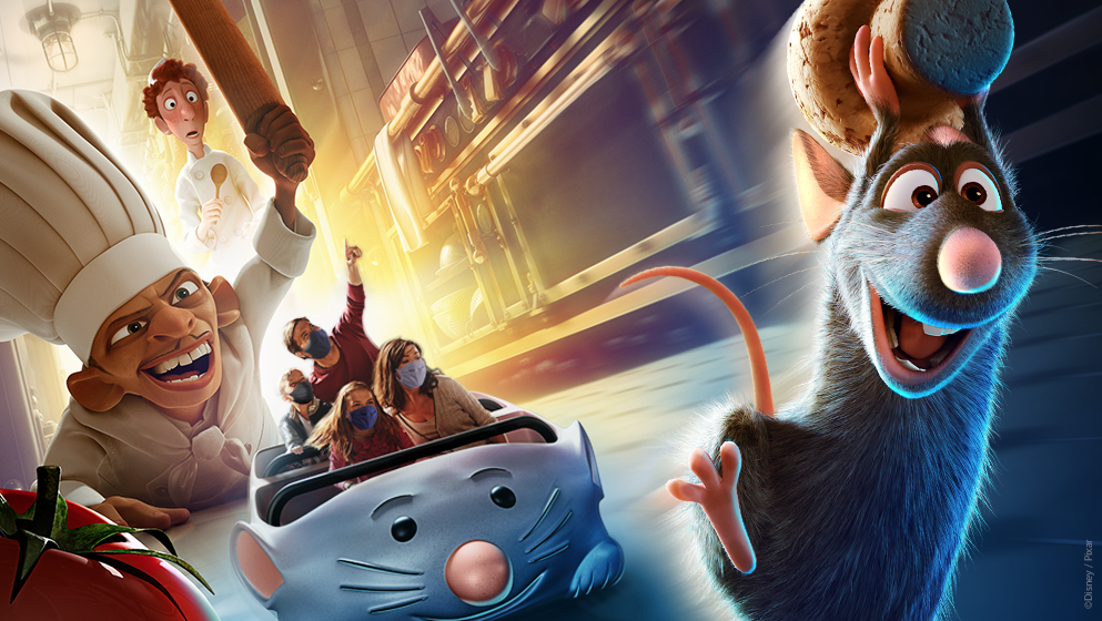 Disney Adventure World Worlds of Pixar Attraktion Ratatouille: Das Abenteuer, Ratte wird von dem Koch gejagt | © Disney/ 2024 Pixar