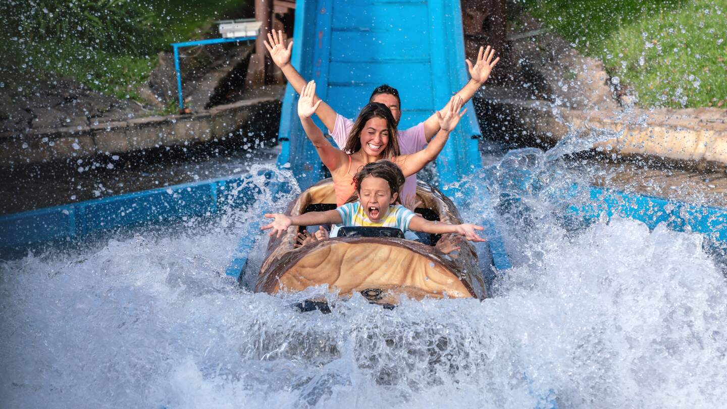 Familie in einer Wasserbahn haben sehr viel Spaß | © gettyimages.com/andresr