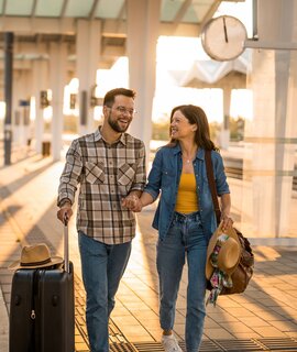 Mann und Frau laufen lachend einen Bahnsteig mit Koffer und Reisetasche entlang | © Gettyimages.com/DjelicS