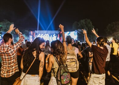Rückansicht von glücklichen Freundinnen, die sich während des Musikkonzerts bei Nacht unterhalten. | © Gettyimages.com/skynesher
