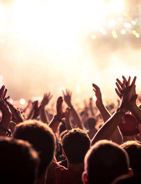 Publikum mit erhobenen Händen bei einem Musikfestival und Lichtern, die von oben auf die Bühne strömen | © Gettyimages.com/bernardbodo