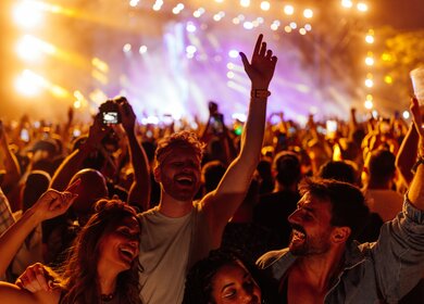Eine Gruppe junger Freunde feiert auf einem Sommermusikfestival. Sie tanzen vor der Buehne.  | © Gettyimages.com/bernardbodo