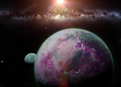 Kuenstlerische Darstellung eines Plans in einem ausserirdischen Planetensystem im Weltraum  | © Gettyimages.com/dottedhippo
