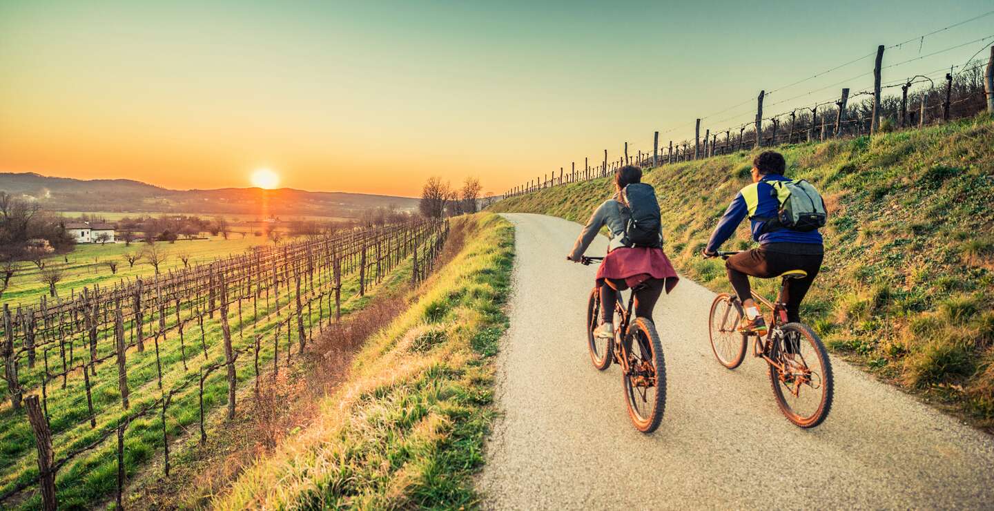 Paar faehrt Fahrraedern auf einem Weg am Weinfeld in Richtung Sonnenuntergang | © GettyImages.com/egon69