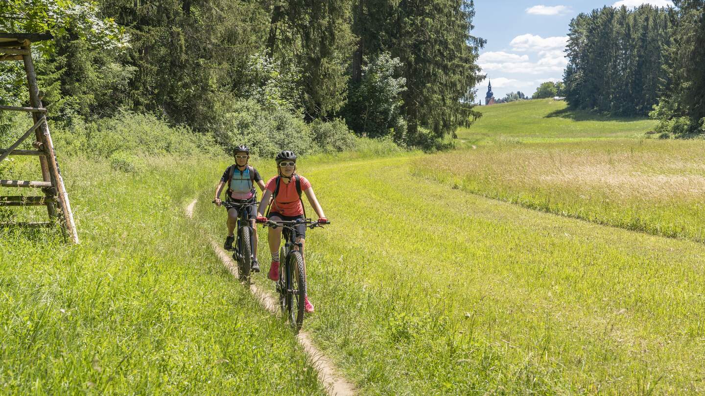Zwei Frauen fahren mit Mountainbikes in der Fraenkischen Schweiz ueber ein strahlend gruenes Feld, Bayern | © GettyImages.com/Uwe Moser