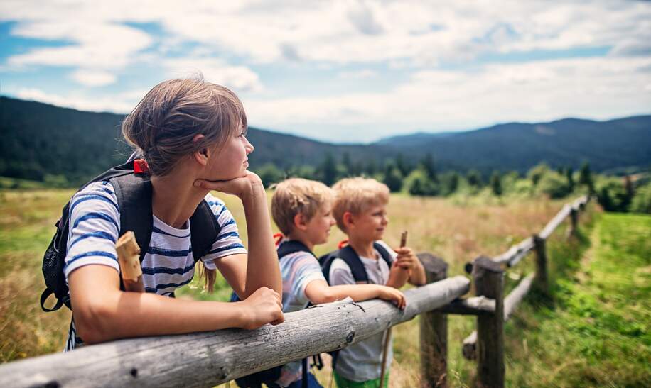Drei Kinder im Alter von 10 und 7 Jahren vergnügen sich beim Wandern auf den Feldern und Wiesen. Sanft geneigte Hügel, die von Mischwald bedeckt sind, sind im Hintergrund zu sehen. Kinder lehnen sich an einen Holzzaun.  | © Gettyimages.com/Imgorthand