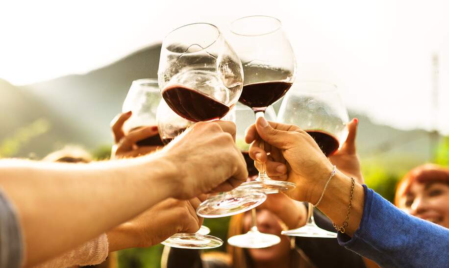 Hände von Männern und Frauen die in der Mitte zusammenkommen und mit Rotwein anstoßen | © Gettyimages.com/franckreporter