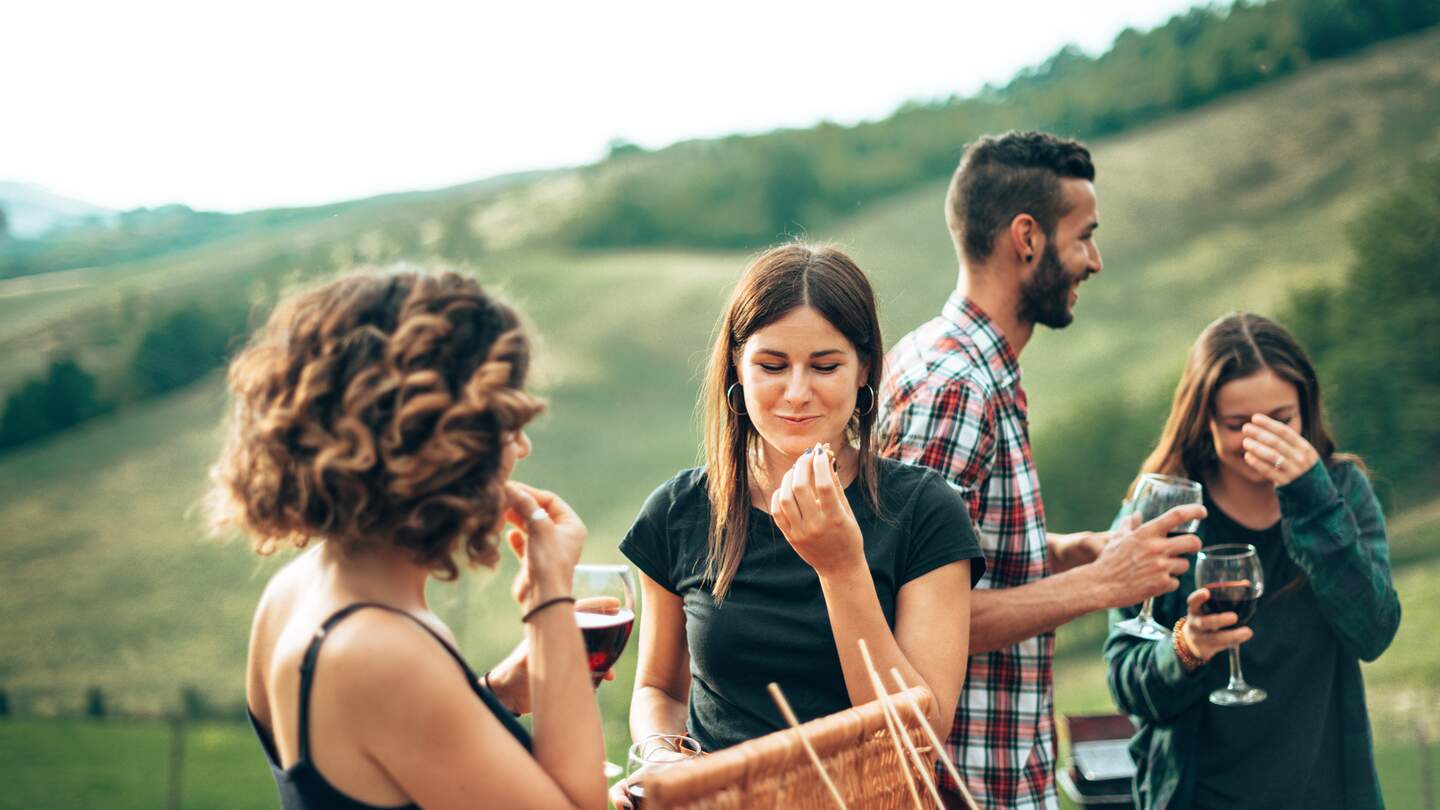 Freunde stoßen beim Picknick an  | © Gettyimages.com/franckreporter