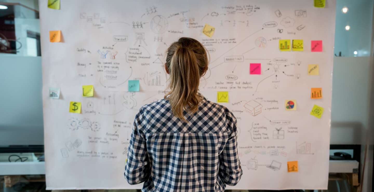 Frau mit Zopf von hinten sichtbar, steht vor einem grossen, weissen Blatt, auf dem Prozesse skizziert sind und Postits zur Ergaenzung kleben | © Gettyimages/andresr