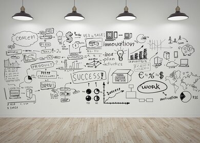 Schwarze Brainstormzeichnungen und -texte auf weisser Wand beleuchtet von vier schwaren Deckenleuchten | © Gettyimages.com/Peshkova