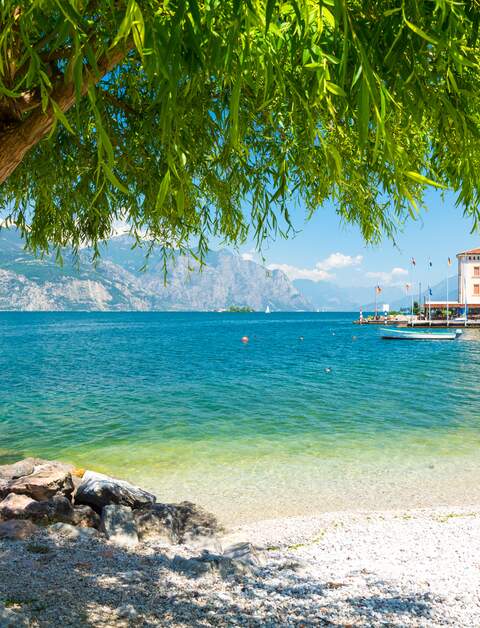 Auf dem Bild sieht man den See mit den felsigen Bergen im Hintergrund. Ein Baum ragt von links in das Bild | © Gettyimages.com/milenapigdanowicz-fidera