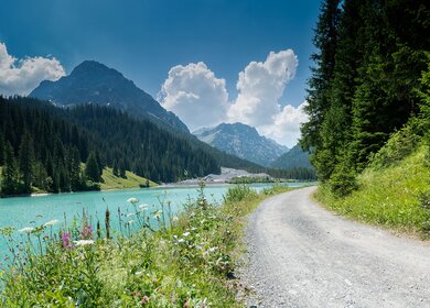 Sommer-Berglandschaft  | © Gettyimages.com/makasana Sommerliche Berglandschaft mit tuerkisfarbenem See und Schotterstrasse gesaeumt von Wildblumen in den Schweizer Alpen bei Arosa | © Gettyimages.com/makasana