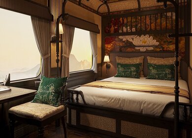 Doppelbett Kabine im SJourney mit Aussicht aus dem Fenster | © SJourney 