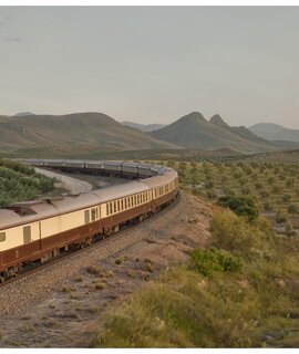 Der El Tren al Andalus auf den Schienen in einer grünen Steppenlandschaft in Andalusien. | © © Renfe